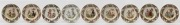 SARREGUEMINES&nbsp;"Nations" series of nine French porcelain plates, rare examples of border decoration incorporating the five continents of Asia, America, Europe, Africa and Australia, late 19th century, factory mark to bases, 20.5cm diameter