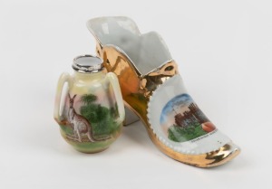 GOVERNMENT HOUSE SYDNEY antique German souvenir porcelain shoe vase, circa 1910s; together with a Royal Bavaria porcelain kangaroo vase with English hallmarked silver rim, (2 items), the shoe 17cm long, the vase 8cm high