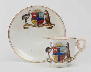 "ADVANCE AUSTRALIA" antique porcelain patriotic cup and saucer, decorated with a mid 1880s coat of arms, black registration mark to base, the saucer 14cm diameter