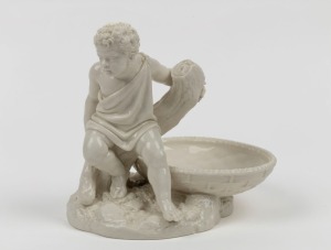 ROYAL WORCESTER antique white porcelain "Australia" comport with figure of an Aboriginal Boy, designed and modeled by James Hadley, circa 1887, impressed factory stamps, shape no. ‘1247’ and ‘y11’ to base, 18cm high