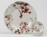 DOULTON BURSLEM "MANLY BEACH" pattern English porcelain dinner plate, together with a set of four matching sauce dishes, 19th century, (5 items), brown factory to base "Manly Beach, Doulton Burslem, England, H.M. & Co., Sydney", the plate 22.5cm wide