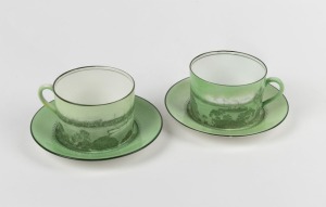 ROYAL DOULTON "Sydney Harbour" and "Sydney Heads" antique green porcelain cups and saucers, each titled to base with green factory mark and "Civil Service Stores, Sydney", the saucers 8cm diameter