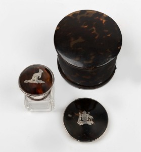 An antique sterling silver and tortoise shell vanity jar adorned with kangaroo decoration by Spurrier & Co., Birmingham, 1913; together with a sterling silver and tortoise shell vanity jar lid adorned with Australian coat of arms and an antique tortoise shell circular box, 19th/20th century, (3 items), the kangaroo jar 6.5cm high