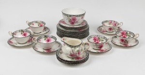 ROYAL DOULTON "Waratah" pattern antique English porcelain tea ware with black floral border, early to mid 20th century, (27 items), green factory mark to bases