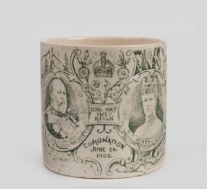 THE CORONATION OF KING EDWARD VII AND H. M. QUEEN ALEXANDRA, JUNE 26, 1902 transfer pattern mug emblazoned with royal portraits and a handsome vignette depicting The Melbourne Exhibition Building, titled "Federation Parliament House, Melbourne" plus a ship portrait "S. S. Ophir", 8cm high