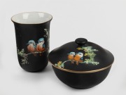 GRIMWADES "Kookaburras" antique English black porcelain vase and lidded pot, early 20th century, black factory mark to base, the vase 13cm high