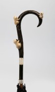 KATE GARDNER INTEREST antique umbrella with carved horn handle adorned with three ivory frogs with glass eyes, bearing silver ownership collar "Kate Gardner, 80 Swanston Steet, Melb.",92cm high.Kate Gardner (1852-1937), Melbourne’s First Female Real Estat - 2