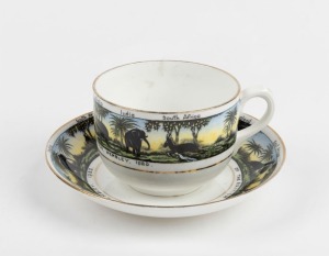 "THE BRITISH EMPIRE EXHIBITION, WEMBLEY, 1925" souvenir porcelain cup and saucer with pictorial frieze displaying animals from The Empire including kangaroo, kiwi bird, bison, elephant and giraffe, (2 items) the saucer 14cm diameter