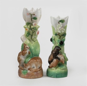 Two antique Continental vases adorned with kangaroos and wallabies, plus bear and deer, 19th century, the larger 12.5cm high