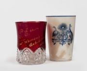 [FIRST AUSTRALIAN EXHIBITION OF WOMEN&rsquo;S WORK, MELBOURNE 1907, INTEREST] SYDNEY INTERNATIONAL EXHIBITION 1879-80 antique English porcelain beaker with Australian coat of arms, stamped with Amphora mark "JOSIAH WEDGWOOD & SONS, ETRURIA STAFFS, ENGLAND, AGEN