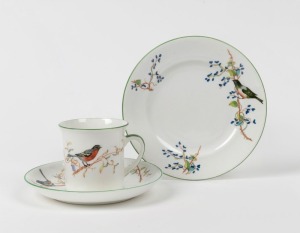 TASMANIAN BIRDS antique English cup, saucer and plate set, each decorated with Tasmanian birds and flora, circa 1925, stamped "Peacock Pottery, Charles Davis, Hobart, Tasmanian Birds", the plate 15.5cm diameter