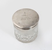 "KOSCIUSKO ALPINE CLUB" sterling silver topped cut crystal jar engraved with a skiing kangaroo, made in Birmingham, circa 1913, 8.5cm