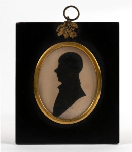 JOHN WHITE PARSONS antique hand-cut paper silhouette portrait bearing notation verso "John White Parsons born at Lambeth, London in the County of Middlesex, on the 16th day of... (?), 1816 and baptised there. Died at Bothwell in Tasmania on 15 June, 1850 and buried at Green Ponds on 18th June, 1850, age 34. Extracted from my family bible", 13.5 x 11.5cm overall