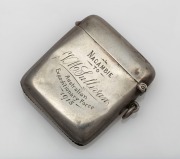 WWI INTEREST: Antique sterling silver pocket vesta with inscription: "NAGAMBIE TO V. M. Sullivan. Australian Expeditionary Force, 1915", 5.3cm high, 30 grams