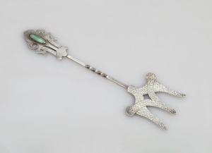 SARGISON of HOBART: Australian Arts & Crafts hand-beaten silver bread fork, set with cabochon stone, stamped "SARGISON STG. SILVER", 21cm long, 40.5 grams