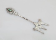 SARGISON of HOBART: Australian Arts & Crafts hand-beaten silver bread fork, set with cabochon stone, stamped "SARGISON STG. SILVER", 21cm long, 40.5 grams