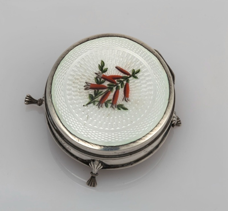 Antique sterling silver jewellery box, enamel lid decorated with Australian Heath motif, engraved "Kosciusko", early 20th century, 3cm high, 6cm wide