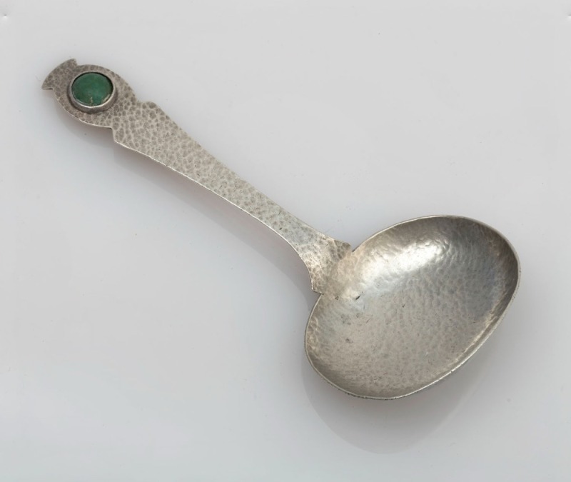 SARGISON of HOBART: Australian silver Arts & Crafts caddy spoon with cabochon green turquoise inset stone,  stamped "SILVER, SARGISON, HOBART", 10.5cm long