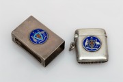 An antique Australian silver vesta and match box holder, both adorned with Australian coat of arms in blue enamel, most likely retailed by Prouds of Sydney, (2 items), stamped "STG 925" and "STG SIL", 4cm and 4.5cm high