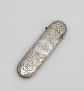 FRANK GRADY of WELLINGTON antique New Zealand silver spectacle case with high quality engraved decoration and ownership monogram, stamped "F. G. SILV." with lion passant, 19th century, 14.5cm long, 78 grams