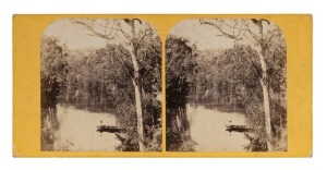 EDWARD HAIGH, Stereoview card, BOAT ON YARRA RIVER, NEAR MELBOURNE, VICTORIA, (1861-1862). Stereoscopic albumen print photographs, each image approximately 78 x 70mm, flat yellow mount 83 x 175 mm; verso with printed label "6. Boat on River Yarra, near Me