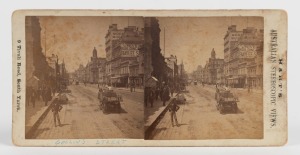 HART'S AUSTRALIAN STEREOSCOPIC VIEWS. Three examples, with paper labels verso (and later annotations in another hand): I.) "River Yarra", II.) "Port Melbourne", III.) "Collins St.", circa 1890s; each pair of images laid down on an original Hart's card (88x 175mm) giving the address of the business as 9 Tivoli Road, South Yarra.