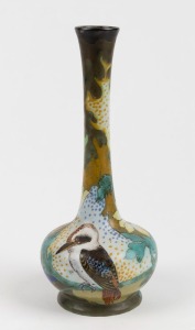 GOUDA hand-painted Dutch pottery "Laughing Jackass" kookaburra vase with floral decoration, signed "HOLLAND, GOUDA, LAUGHING-JACKASS, DUTCH-ART-POTTERY" and with pictorial mark, 24cm high