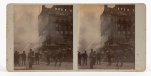 THE FIRE AT ANTHONY HORDERN'S PALACE EMPORIUM, HAYMARKET, JULY 1901, Three silver gelatin photographs in stereocard format, photographers unknown, showing the Emporium during and after the fire of 10 July 1901 which destroyed it. Each pair of images mounted on grey card, approx. 90 x 175mm. A new Palace Emporium was built on the site in 1905.