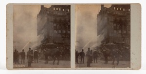 THE FIRE AT ANTHONY HORDERN'S PALACE EMPORIUM, HAYMARKET, JULY 1901, Three silver gelatin photographs in stereocard format, photographers unknown, showing the Emporium during and after the fire of 10 July 1901 which destroyed it.  Each pair of images moun