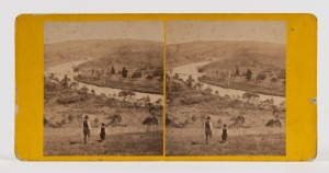THOMAS JETSON WASHBOURNE (1832-1905), stereoview card, QUEEN'S BRIDGE FROM NEWTOWN HILL, circa 1868, pair of albumen paper images, each approx. 80 x 70mm, mounted on a yellow card, 87 x 177mm overall, and verso with manuscript signature "Washbourne Photo" and titled "Queens bridge from Newtown Hill".