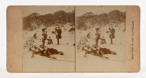 GEORGE ROSE, group of four stereoview cards, circa 1900, each pair of images approx. 85 x 140mm, mounted on original cards with printed and dated 1894 Geo. Rose copyrights noted and all annotated in the same hand verso: "The Gorge (Winter) Buffalo Ranges, Vic.", "A Mishap, Hospice, Buffalo Ranges, Vic.", "Snow Scene at the Hospice..." and "Creek on Plain near Hospice, Buffalo Range, Vic." (4).