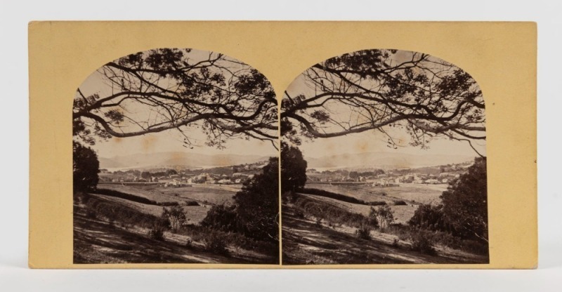 TASMANIAN STEREOVIEW CARDS: circa 1870s, I.) The Derwent at Newtown, with Samuel Clifford label verso, II.) Hobart Town from Domain, with Samuel Clifford label verso, III.) Cora Linn, with title in mss verso; photographer unknown, IV.) North West Views, B