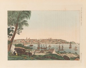 VUE DE LA VILLE DE SIDNEY, circa 1810, after Charles-Alexandre LESUEUR; hand-coloured copper engraving with separate text sheet in French and German; each 19.5 x 24cm, from Bertuch's 'Bilderbuch fur Kinder' (1813). The image is a contracted version of the panorama of Sydney by Lesueur made on the Baudin Expedition (1800-1803). The very detailed image depicts 250 houses, observatory tower, windmills, vice-governor William Paterson's botanical garden, and ships in the harbour.