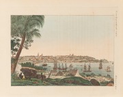 VUE DE LA VILLE DE SIDNEY, circa 1810, after Charles-Alexandre LESUEUR; hand-coloured copper engraving with separate text sheet in French and German; each 19.5 x 24cm, from Bertuch's 'Bilderbuch fur Kinder' (1813). The image is a contracted version of th