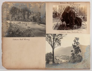 J.W. LINDT, and others; group of five photographs laid down on both sides of a large album leaf; all are annotated: "Victorian Aboriginals, an ex chief and wife", "Gracedale House, Healesville", "Fernshaw, Maroondah River Rapids", "The Nest, Hermitage" an