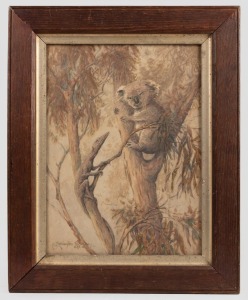 ALVAH EARLINGTON ROSEBRAY (1880-1913), koala and goanna in a gumtree, watercolour, signed lower left "A. Earlington Rosebray, N.S.W. ‘36", 37 x 27cm, 50 x 40.5cm overall, ROSEBRAY was a popular watercolourist of Australian fauna, exhibited at the Royal Art Society of New South Wales from 1904. Many of his works had an anthropomorphic slant, and his work is represented in the Art Gallery of N.S.W.