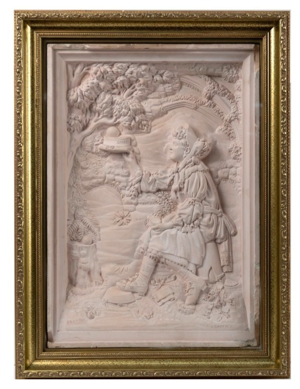 LEWIS JOHN GODFREY pair of plaster deep relief plaques, advertising PEARS SOAP circa 1893. Each approx. 52cm high, 35.5cm wide and housed in gilded box frames 62.5cm high, 46.4cm wide, 10cm deep.