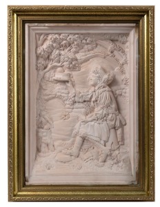 LEWIS JOHN GODFREY pair of plaster deep relief plaques, advertising PEARS SOAP circa 1893. Each approx. 52cm high, 35.5cm wide and housed in gilded box frames 62.5cm high, 46.4cm wide, 10cm deep.