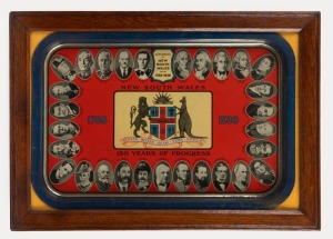 "NEW SOUTH WALES 150 YEARS OF PROGRESS, 1788-1938" vintage lithographed metal beer tray by Cranston Trading Co., printed by Richard Hughes Pty Ltd, attractively framed and mounted, 37 x 52cm overall