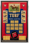 [MELBOURNE CUP /RACING INTEREST] TURF VIRGINIA CIGARETTES 1947 coloured lithograph point of sale advertising calendar poster, in later frame. Featuring portraits of Russia, winner of the 1946 Melbourne Cup and other horses including winners of the Caulfie