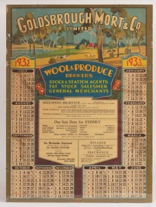 "GOLDSBROUGH. MORT & CO. LIMITED. WOOL & PRODUCE BROKERS" 1933 point of sale coloured lithograph advertising poster, printed by MOORE-YOUNG LITHO. CO. MELB. on later board mount with perspex cover, 62 x 46cm