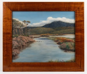 ARTIST UNKNOWN, (Tasmanian scene), oil on canvas, housed in an attractive fiddleback blackwood frame, ​​​​​​​40 x 50cm, 54 x 64cm overall