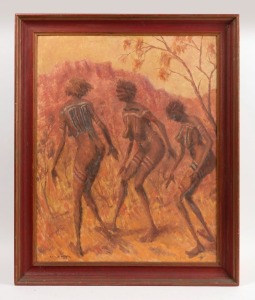 ARTIST UNKNOWN, (Aboriginal Ernabella women dancing), oil on board, signed lower left (illegible), titled verso, 75 x 60cm, 89 x 74cm