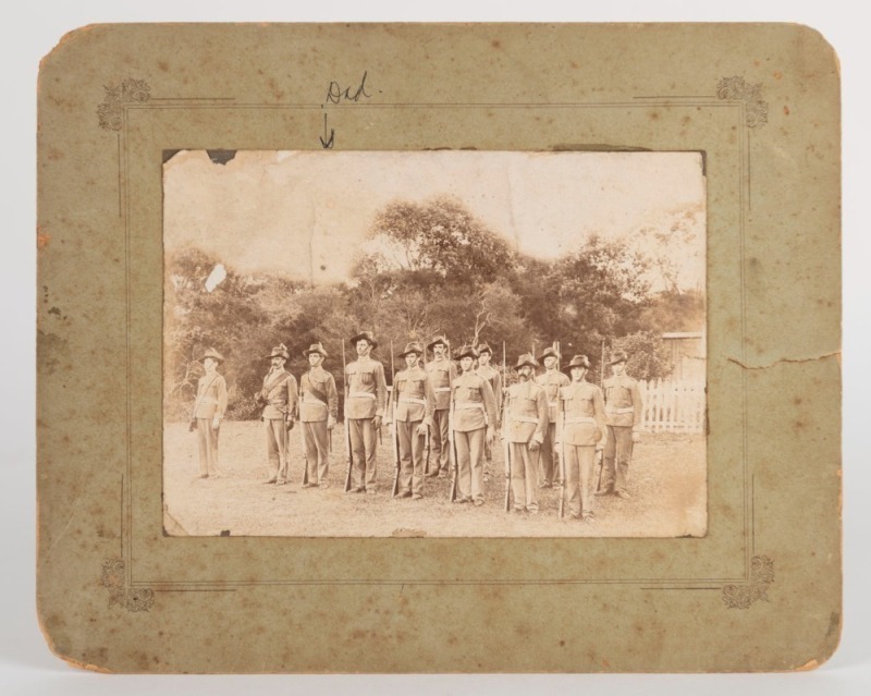 Australian Boer War-era soldiers training at Victoria Barracks, 1899, silver gelatin photograph annotated verso in ink "On Guard", Victoria Barracks, Easter mobilisation, 1899", 14.5 x 20.3 cm on mount 24.5 x 30.5 cm. ​​​​​​​The Boer War broke out a few m