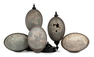 Five assorted antique carved emu eggs, (two mounted on stands), sadly all damaged in some way, 19th/20th century