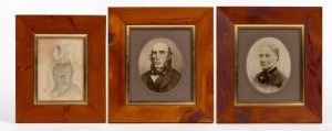 TASMANIAN INTEREST: An antique pencil sketch profile portrait, inscribed verso in a later hand "HENRIETTA MARIA HALL 1794-1869, Mother of Henrietta Georgina Smith (Mrs. Thomas L Smith 1819-1915) Mother of Jessie Von Bibra"; together with a pair of antique photographic husband and wife portraits inscribed verso by a later hand "HENRIETTA GEORGINA SMITH (Nee Hall) b.1819 (U.K.) d.7/7/1915 (Tas.), m. THOMAS L. SMITH 1853. Mother of JESSIE VON BIBRA", and "THOMAS LABAN SMITH b. 1815 (U.K.), d.1895 (
