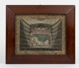 An antique coloured lithograph of a theatre interior, housed in an antique Australian cedar frame, 19th century, 22.5 x 26.5cm overall, frame internal size 15 x 19cm