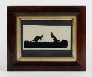 An antique Australian cut paper silhouette kangaroo picture, housed in an antique rosewood frame, 19th century, 17 x 20.5cm overall