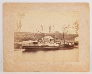 FREDERICK CORNELL (c.1833 - 1890), The P.S. Avon at Bairnsdale, circa 1880, albumen paper print with some hand-colouring, laid down on card; the image approx. 22.5 x 28.5cm; the card 30.5 x 38.5cm. Unlike Lot 401, this photograph is not signed or annotated. In addition to the different perspective of the paddle-steamer, we also have a clear sight of the Taylor butchery, with it's holding pens, in the background.