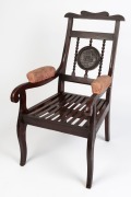 [ANDREW LENEHAN INTEREST] DUNBAR CHAIR. Antique oak armchair with engraved plaque stating "MADE FROM THE WRECK OF THE SHIP DUNBAR, AUGUST 20TH 1857". 92cm high, 52cm across the arms. The Dunbar was wrecked off Sydney Heads on the night of August 20th 1857 - 6